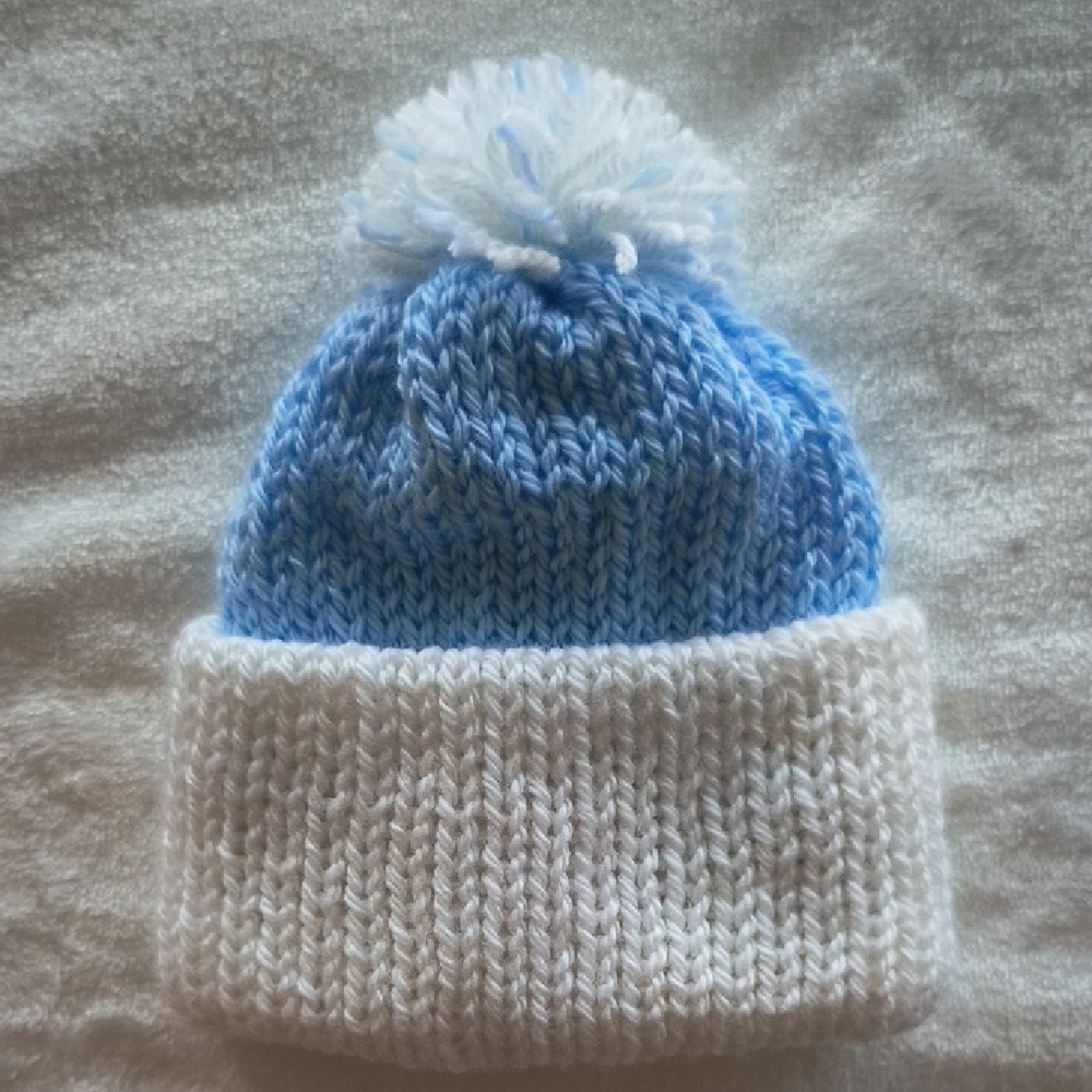 Blue and White Knit Newborn Beanie